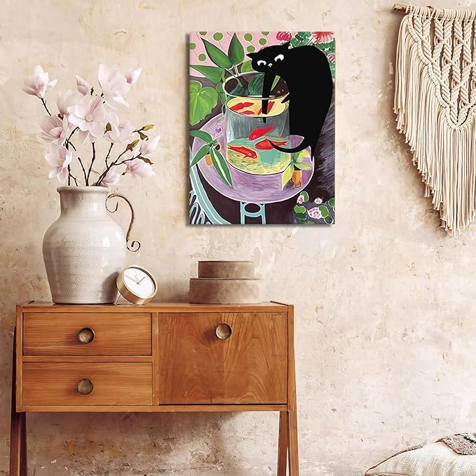 Funny Black Cat Canvas Wall Art, Abstract Kitten Catching Fish Wall Decor, Animal lovers Posters Print Painting for Room Aesthetic Living Room Bathroom Decor 12x16 in Framed