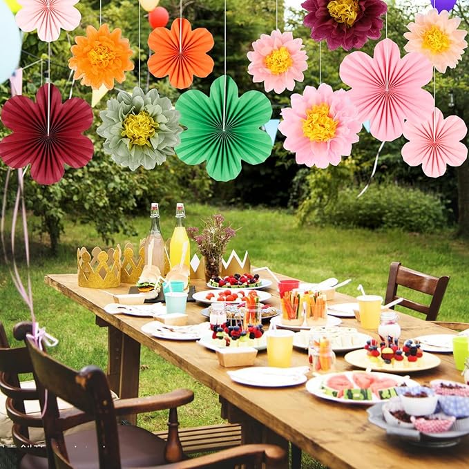 BestoFun 12PCS Tissue Paper Flower Fans – Wine Red & Pink Party Decorations for Birthday, Wedding, Baby Shower, Anniversary, Bridal Shower, Holiday Party