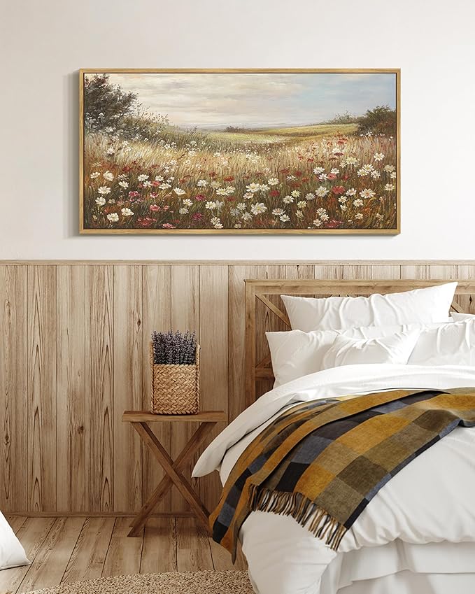 SHENIFY Vintage Framed Wall Art Meadow with Flowers Landscape Scenery Home Decor Retro Wildflower Field Decorations for Farmhouse Bedroom Ready to Hang Wall Artwork - 20x40in Natural Framed