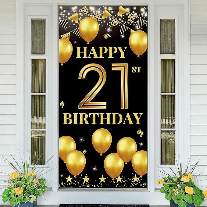 Vicycaty 21st Birthday Decorations for Him & Her, Fabric Happy 21st Birthday Banner Backdrop, 21 Photo Props, Wall Decor, Yard Sign Supplies,Party Decor for Men Women, Black Gold,Indoor Outdoor Use