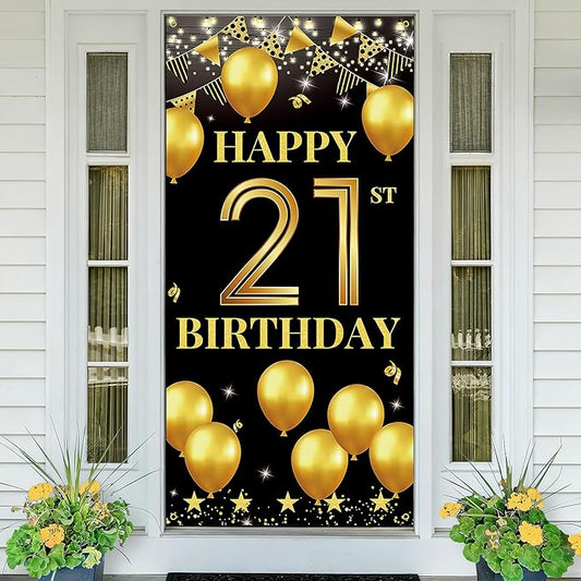 Vicycaty 21st Birthday Decorations for Him & Her, Fabric Happy 21st Birthday Banner Backdrop, 21 Photo Props, Wall Decor, Yard Sign Supplies,Party Decor for Men Women, Black Gold,Indoor Outdoor Use