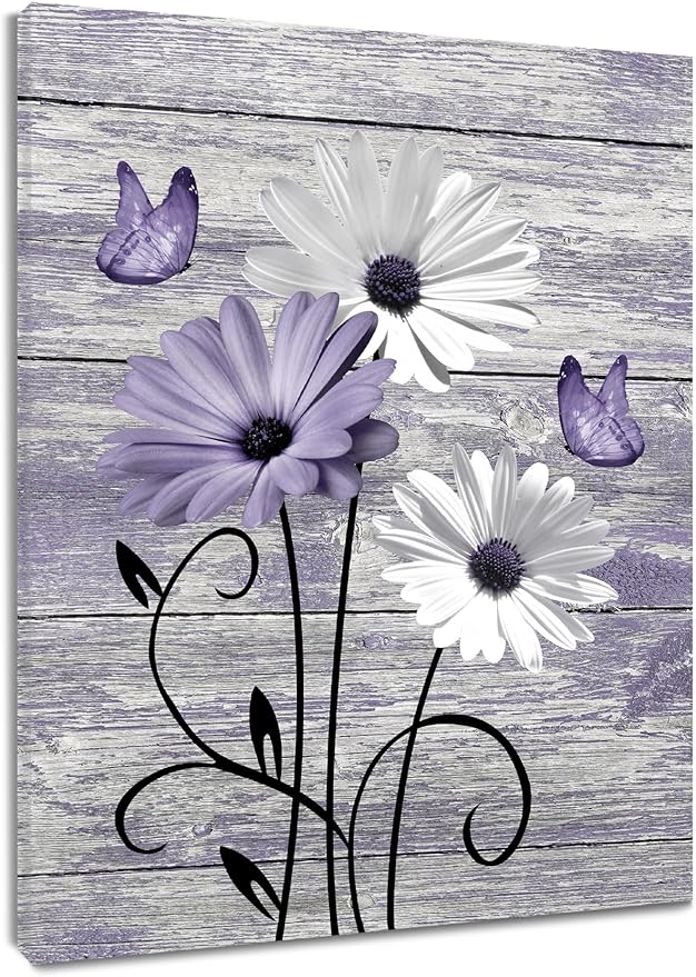 MYUSRE Farmhouse Purple Floral Wall Art for Living Room,White Daisy and Purple Butterfly on Rustic Wood Canvas Wall Art Country Flower Pictures for Bedroom Bathroom Office Wall Decor,10L X 8W inches