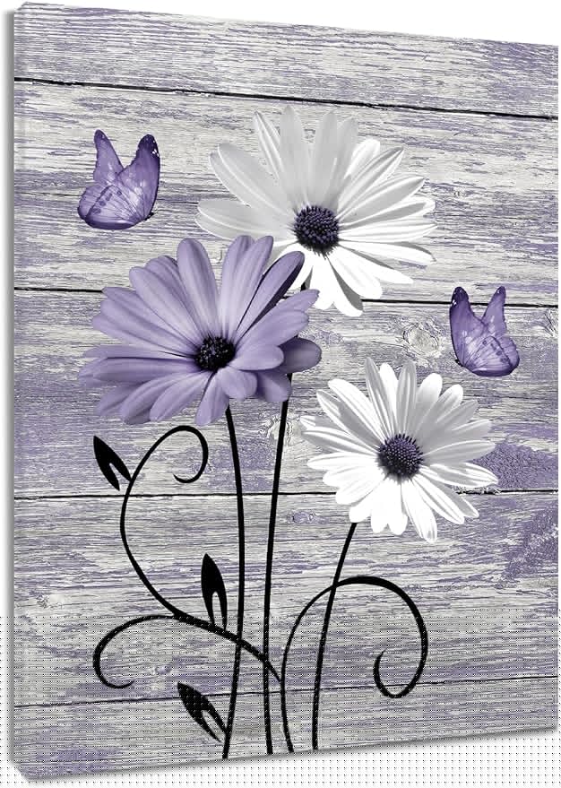 MYUSRE Farmhouse Purple Floral Wall Art for Living Room,White Daisy and Purple Butterfly on Rustic Wood Canvas Wall Art Country Flower Pictures for Bedroom Bathroom Office Wall Decor, 16L X 12W inches