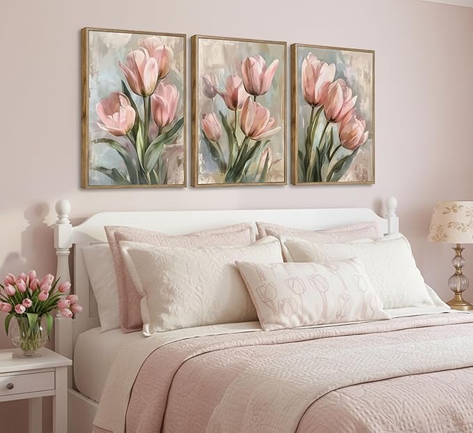 3 Pcs Vintage Pink Tulips Flowers Canvas Wall Art Retro Spring Pink and Green Floral Botanical Paintings Pictures Wall Decor Poster Print Artwork for Living Room Bedroom Home Decoration Unframed