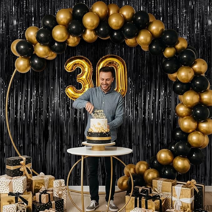 KatchOn XtraLarge Black Streamers - 3.2x8 Feet, Pack of 2 | Fringe Backdrop for Black Party Decorations | Tinsel Backdrop for Graduation Decorations 2026 | Black Streamers Party Decorations