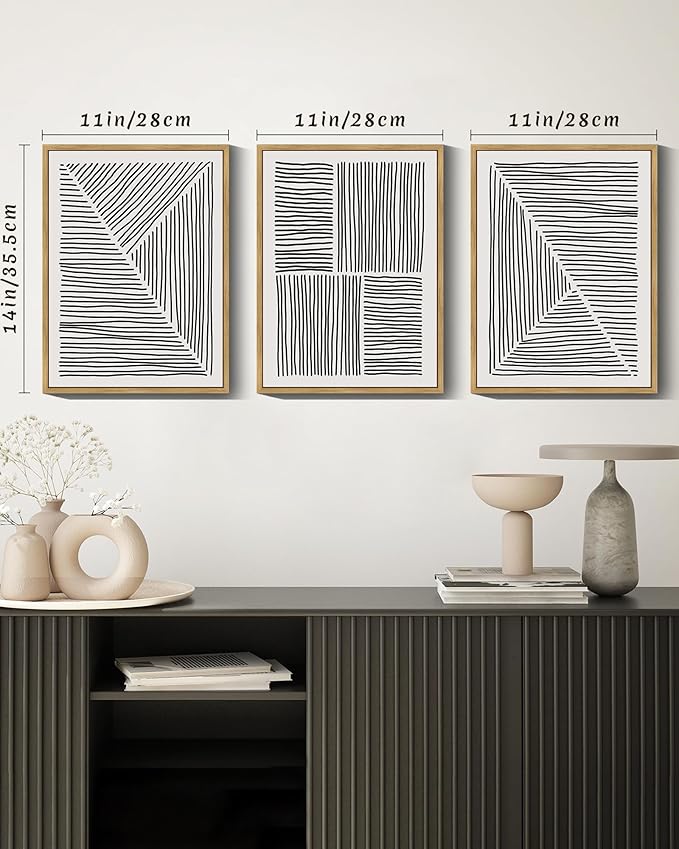 Drsoum Mid-Century Modern Framed Wall Art Minimalist Abstract Boho Black Line Wall Decor Geometric Artwork Kitchen Dining Room 11x14in Natural Framed