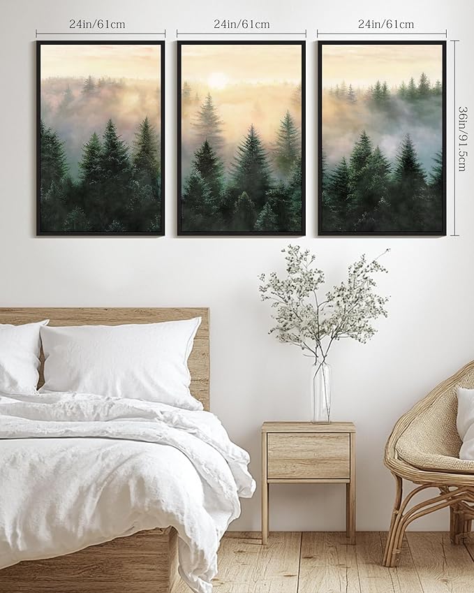 Drsoum Green Fog Pine Tree Landscape Wall Art Framed Nature Misty Nordic Forests Prints Morden Farmhouse Rustic Artwork Hallway Bedroom Ready to Hang 24x36in Black Framed