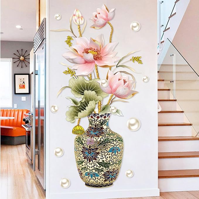 Chinese Style Lotus Flower Vase Wall Sticker, 24"x47" Classical Lotus Flower Wall Decals Murals Peel and Stick 3D Wall Art Stickers for Girls Bedroom Nursery Living Room TV Home Decor