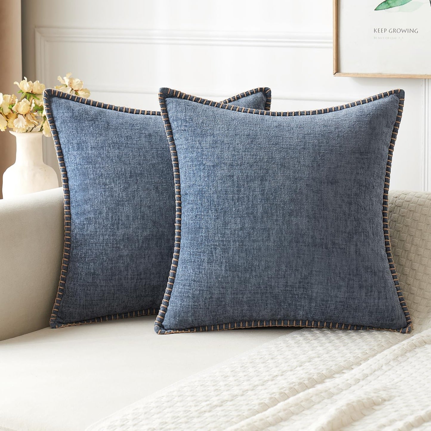 MIULEE Pack of 2 Couch Throw Pillow Covers 20x20 Inch Aqua Blue Farmhouse Decorative Pillow Covers with Stitched Edge Soft Polyester Solid Dyed Pillow Covers for Sofa Bed Living Room.
