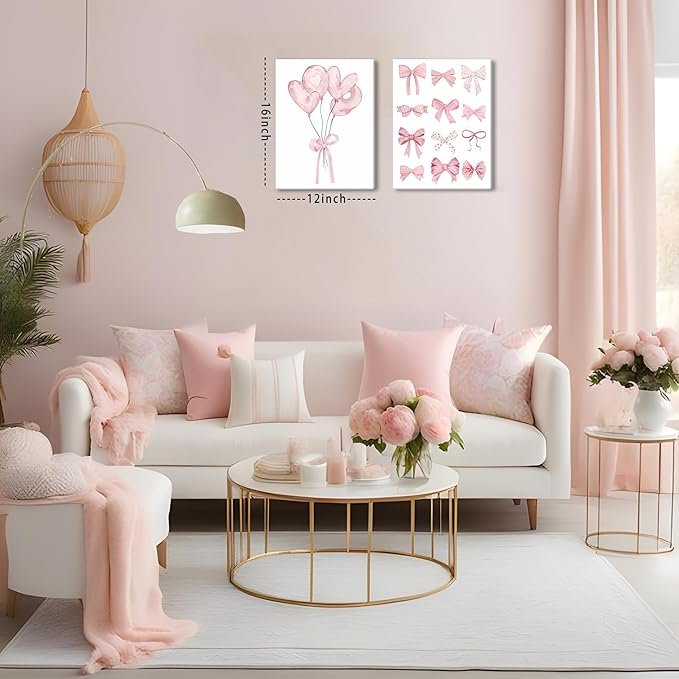 Preppy Pink Bow Canvas Wall Art, Trendy Bows Coquette Room Wall Decor Paintings, Pink Girly Disco Aesthetic Posters Prints Pictures for Girls Dorm Bedroom 12x16 Inch Framed