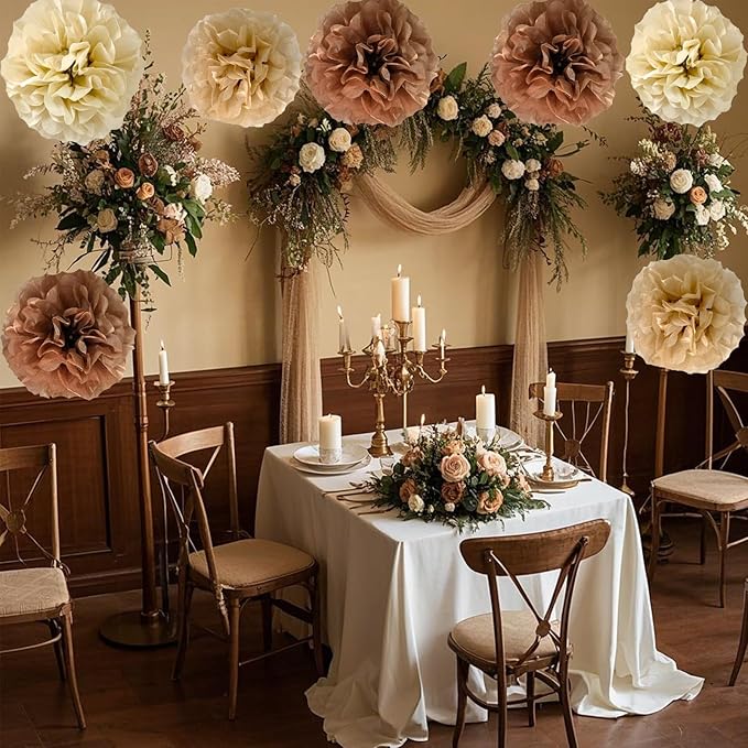 We Moment Brown Tissue Paper Flowers Decorations for Boho Rustic Neutral Birthday Bridal Shower Wedding Baby Shower Party Decor Ceiling Wall Hanging Tissue Pom Poms 12pcs 5 Colors