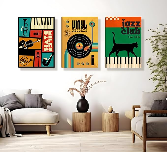Framed 3pcs Retro Jazz Music Wall Art Vintage Vinyl Records Paintings Musical Instruments Black Cat on Piano Canvas Prints Poster for Living Room Bedroom Music Room Decoration