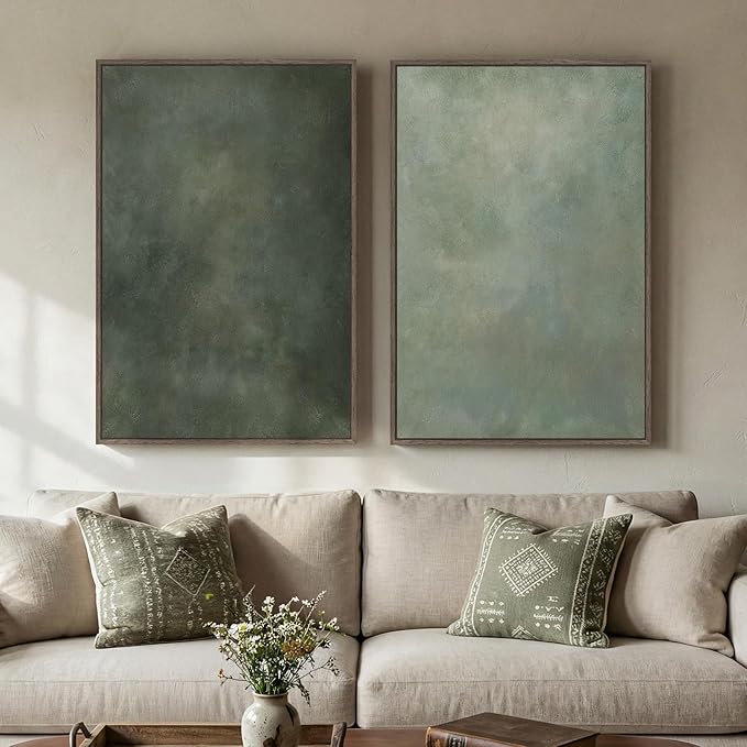 Large Framed Green Abstract Wall Art, 2 Piece Modern Canvas Art Prints Paintings, Minimalist Sage Green Abstract Pictures for Living Room, Hallway, Dining Room, Bedroom, Office Wall Decor 24x36 In