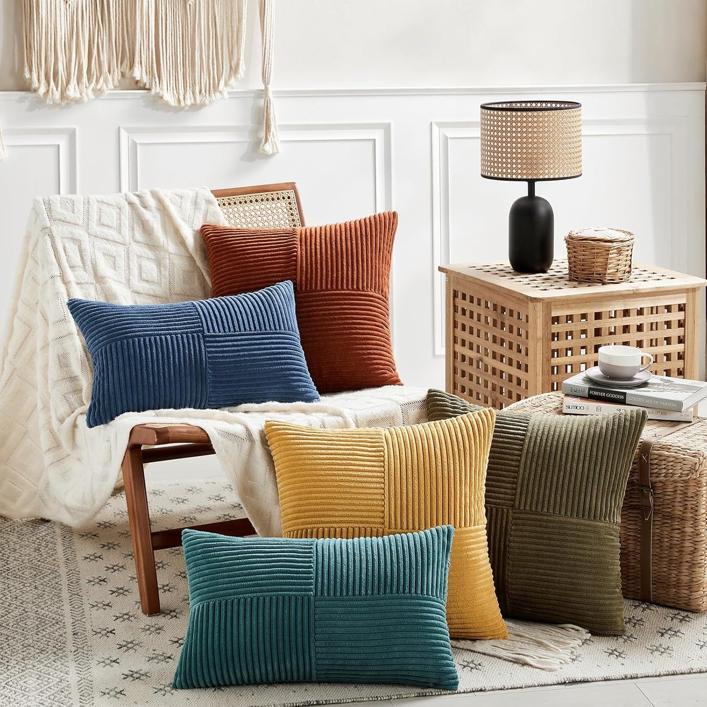 Fancy Homi 2 Packs Teal Decorative Throw Pillow Covers 16x16 Inch for Living Room Couch Bed Sofa, Rustic Farmhouse Boho Home Decor, Soft Corss Patchwork Corduroy Textured Square Cushion Case 40x40 cm