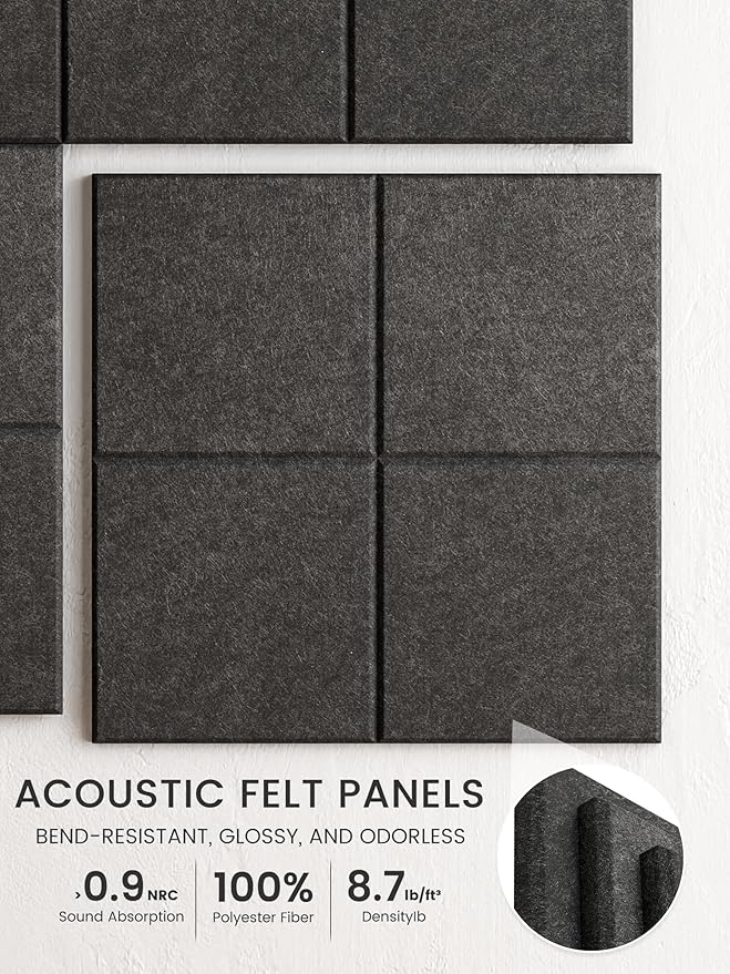 Bumusty Large Felt Bulletin Board, 36" x 24" Cork Board Alternative, 6-Pack Wall Tiles with 4-Compartment Design, 30 Push Pins, 40 Adhesive Tabs, Ideal for Office & Home Decor, Charcoal Gray