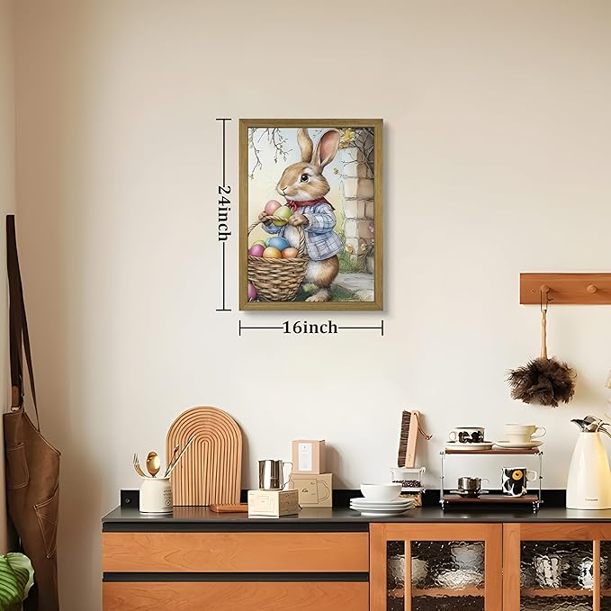 Framed Easter Bunny Wall Art, Cute Rabbit Easter Eggs Canvas Print Paintings, Vintage Holiday Decor Oil Painting, Rustic Farmhouse Spring Animal Wall Decor for Living Room Bedroom Nursery 16x24 Inch