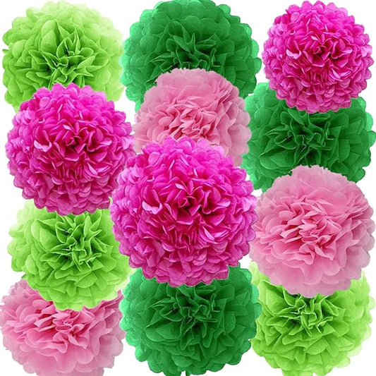 We Moment Pink and Green Tissue Paper Pom Poms，Hanging Pom Poms Flower for Pink Green Theme Party Birthday Wedding Decorations,12pcs 4 Colors of 12 Inch 10 Inch