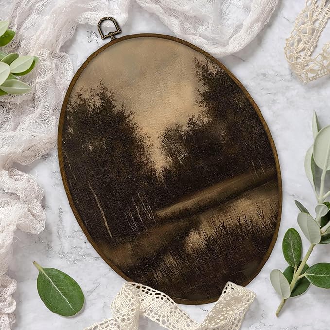 Gnmduw Vintage Moody Landscape Oval Wall Art Framed, Rustic Farmhouse Scene Canvas Prints Hanging Decorations, Antique Dark Scenery Wall Decor for Bedroom Living Room Bathroom, 8.7x11.3 Inch
