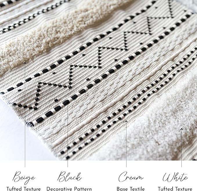 BlissBlush Long Vertical Wall Hanging Tapestry Woven Boho Farmhouse Decor Black Beige Cream Tassel Handmade Wall Art Decoration for Bedroom Living Room Dorm Nursery Apartment, 16x39 INCH