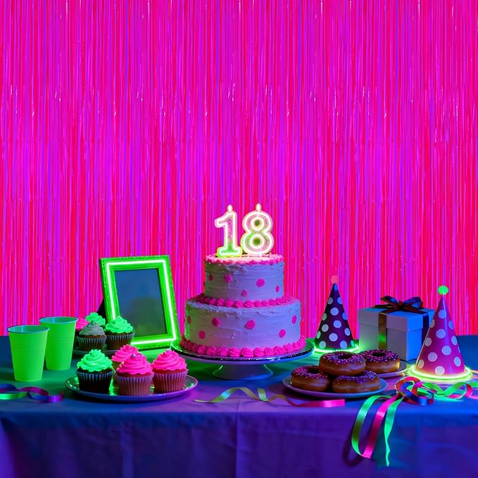 2 Pack Glow in The Dark Party Streamers, Neon Party Decorations Fluorescent Macaron Fuchsia Tinsel Foil Fringe Curtains, Photo Booth Prop Backdrop Streamers, Birthday Halloween Party Decorations