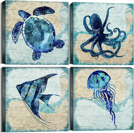Navy Blue Ocean Animals Wall Art Beach Bathroom Decor Sea Turtle Octopus Jellyfish Canvas Pictures Kids Nursery Room Artwork Rustic Sea Fish Poster for Bedroom Living Room Home Decorations 16x16” 4Pcs