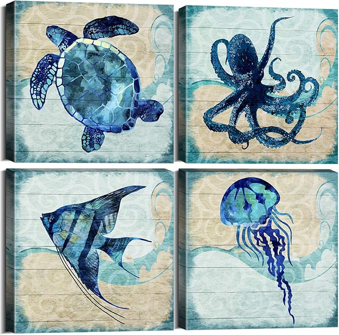 Ocean Animal Theme Wall Art Teal Blue Mediterranean Style Wall Decor for Bathroom Nursery Octopus Turtle Sea Fish Angelfish Pictures Nautical Beach Canvas Prints Artwork Home Decoration 20x20” 4Pcs