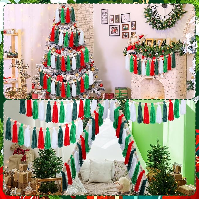 Zeyune 3 Pcs Christmas Tassel Garlands Red Green White Tassels Hanging Decor Xmas Rainbow Wall Hanging with Wood Beads for Christmas Party Supplies Bedroom Baby Shower