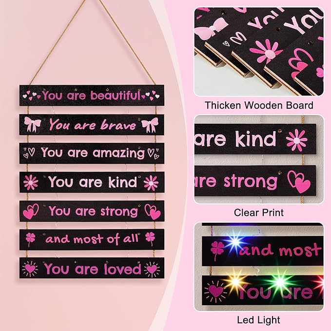 FIOBEE Girls Room Décor for Teen Girls Boys with LED Light Wall Decor for Bedroom Motivational Inspirational Wall Art Room Decoration for Kids Studyroom, 8 Kinds of Lights, Black