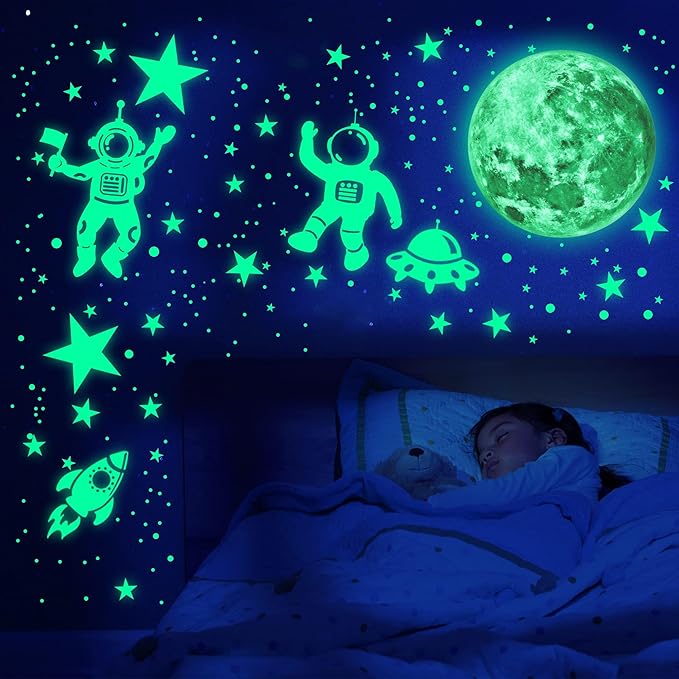 Glow in The Dark Stars for Ceiling Glow in The Dark Moon and Space Wall Decals Luminous Astronaut Universe Planet Galaxy Wall Stickers Outer Space Decal for Kids Boys Girls Bedroom Christmas Gift