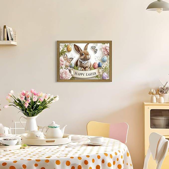Framed Easter Bunny Wall Art, Vintage Holiday Decor Oil Painting, Rustic Farmhouse Spring Animal Wall Decor, Cute Rabbit Easter Eggs Canvas Print Paintings for Living Room Bedroom Nursery 16x24 Inch