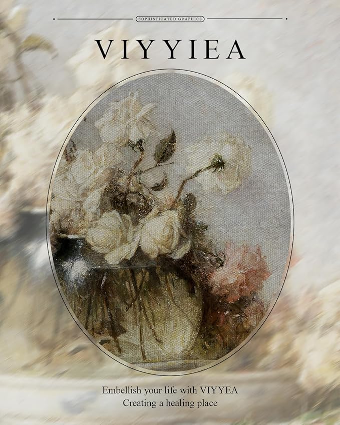 VIYYIEA Gold Framed Vintage Floral Still Life Wall Art, Elegant White Roses Artwork for Living Room or Bedroom Decor | Zero-Glare, Lightweight Textured Art with No Glass | 13x16 Inch