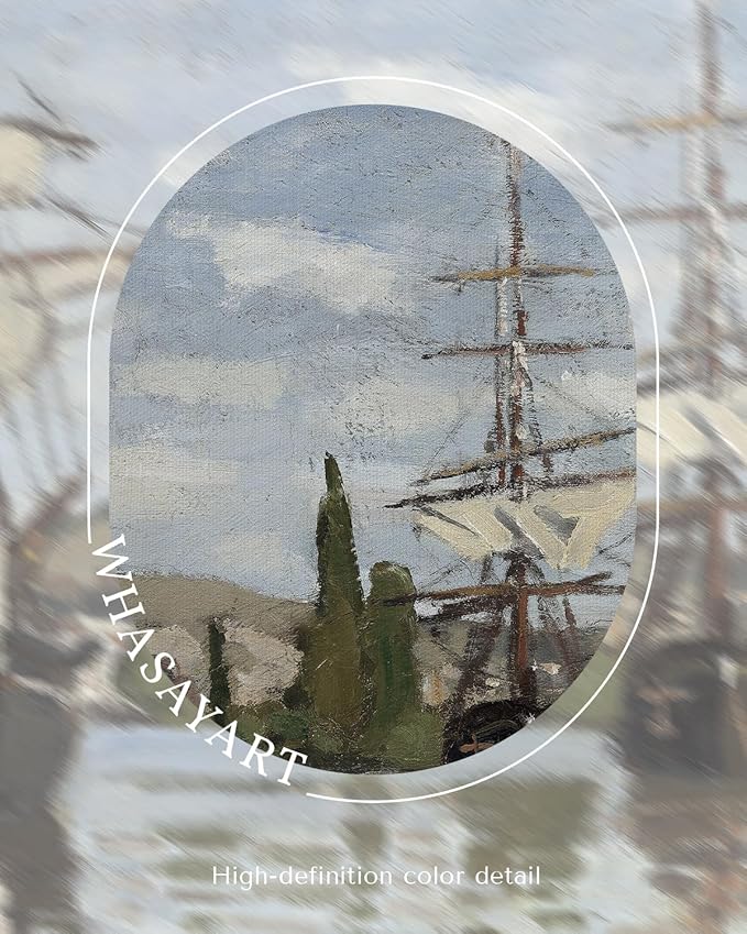 Vintage Framed Nautical Coastal Wall Art 12x16 Inch, Seascape Sailing Ship Canvas Print Boat Oil Painting, Classic Harbor Artwork Living Room Bedroom Office Bathroom Home Decor Gift