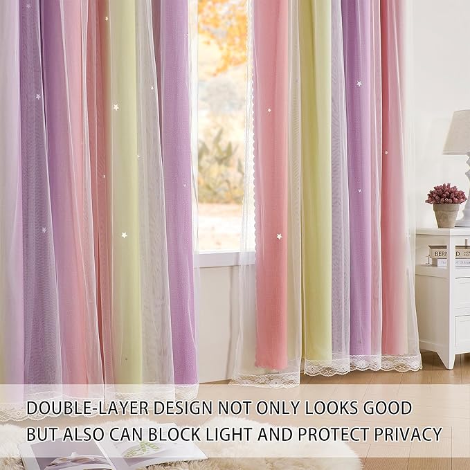 XiDi Pink Yellow Curtains for Girls Bedroom Decor Kids Blackout Curtains for Nursery Room Darkening Rainbow Princess Unicorn Wall Decals Little Girl Pink Yellow Purple 34x72 Inches Long 2 Panels Set