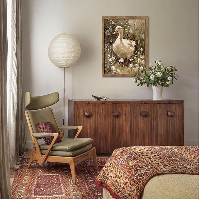 Framed Goose Wall Art, Rustic Vintage Floral Animal Oil Painting, Retro Farmhouse Country Pictures Artwork, Cottagecore Canvas Prints Wall Decor for Living Room Bedroom Farm – 8x10 inch