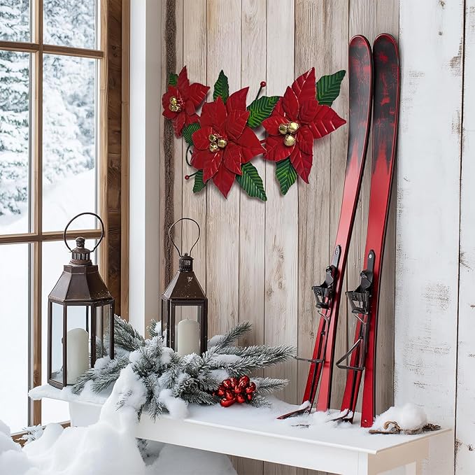 LIFFY Christmas Wall Decor Metal Poinsettia Christmas Decorations Wall Art Hanging for Indoor/Outdoor, Xmas Holiday Festive Centerpiece Decor for Living Room, Bedroom, Porch, Garden- 15" Long