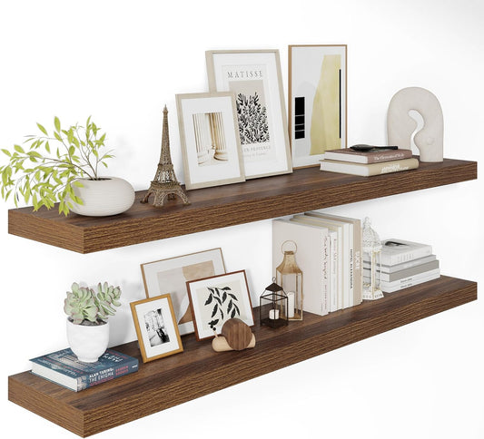 Wide Floating Shelves for Wall 12 Inch Deep, 48" X 12" X 2" Floating Shelf, 2 Inch Thick Shelf for Bathroom Bedroom Kitchen Book Room, Heavy Duty 75lbs Shelves for Farmhouse Decor Set of 2, Walnut