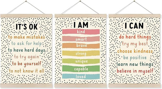 Koesus Inspirational Classroom Wall Art Poster Hanger Frame 12x16 Inch Set of 3, Motivational Canvas Pictures Prints Framed Wall Decor for Classroom Kids Room Playroom, Positive Affirmations for Kids