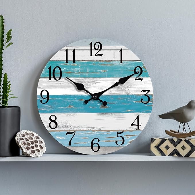 Wall Clock Battery Operated 10 Inch Outdoor Beach Style Blue Coastal Retro Silent Non Ticking Decorative for Bathroom Kitchen Living Room Bedroom