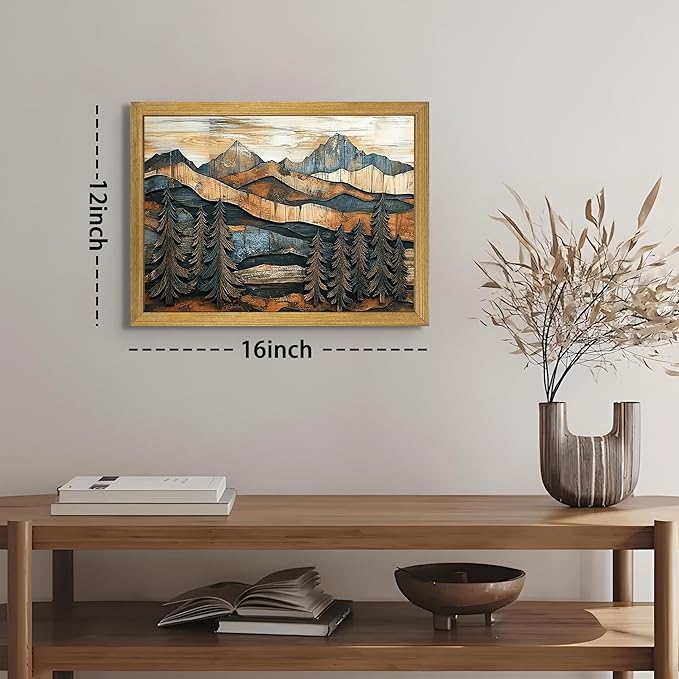 Vintage Boho Mountain Wall Art, Framed Landscape Canvas Wall Art, Nature Forest Wall Decor, Rustic Farmhouse Print Poster Painting for Living Room Bedroom Dining Room 12x16 Inch
