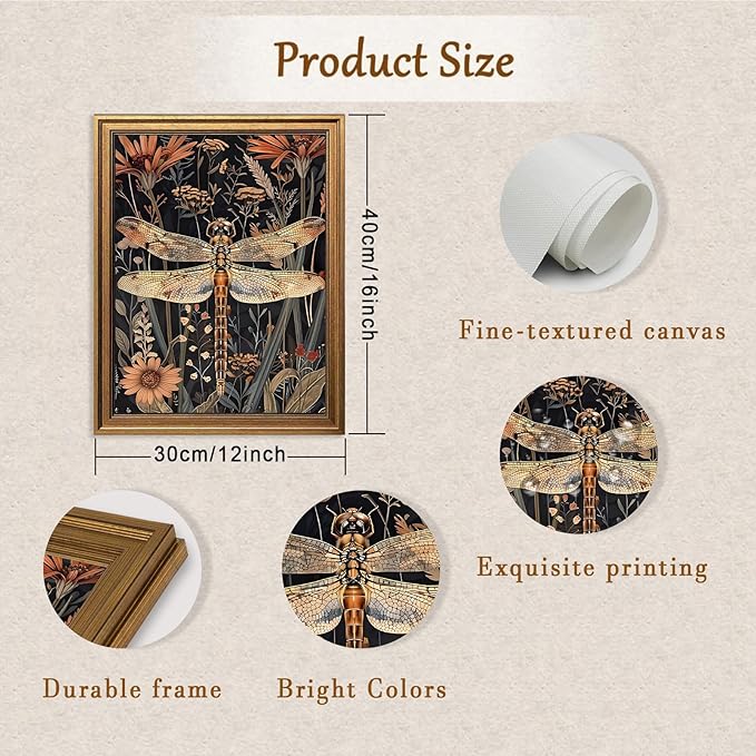Aroutde Vintage Framed Dragonfly Canvas Wall Art Retro Drak Green Dragonfly Flowers Printing Nature Botanical Pictures for Living Room Bedroom Gallery Decor (16L''x12W'')
