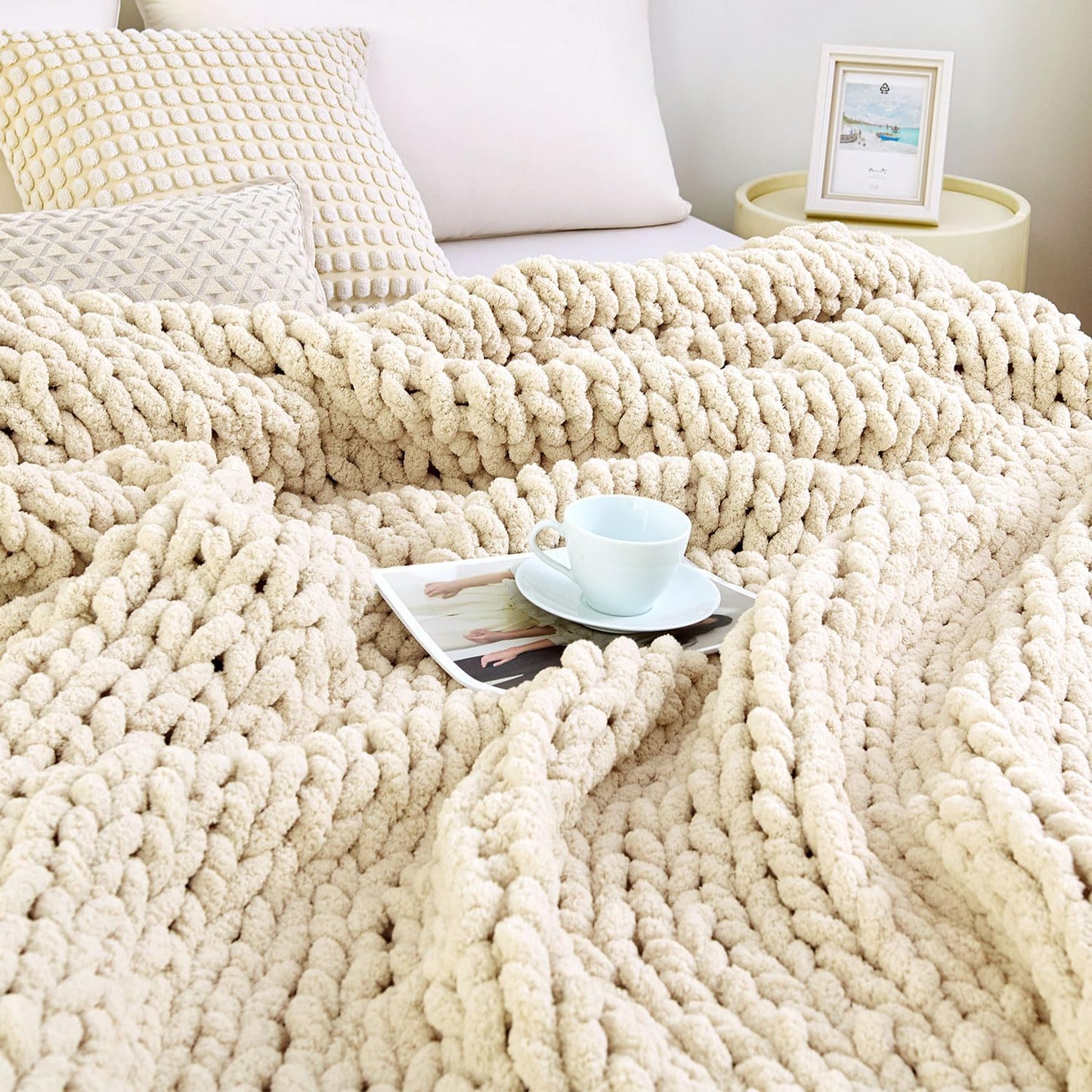 Admitrack Chunky Knit Blanket Throw, 100% Hand Knit Chenille Throw Blanket for Sofa & Home Decor, Soft and Cozy Knitted Throw Blankets (Ivory, 60""x80""), XNR09