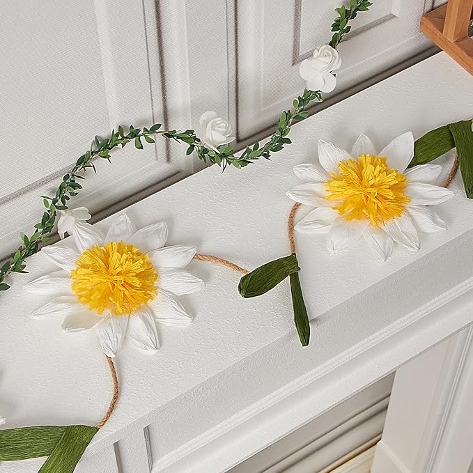 Daisy Paper Garland Boho Daisy Flower Banner Spring Hanging Garland Floral Party Banner Paper Flower Strings for 1st Birthday Baby Shower Nursery Party Supplies