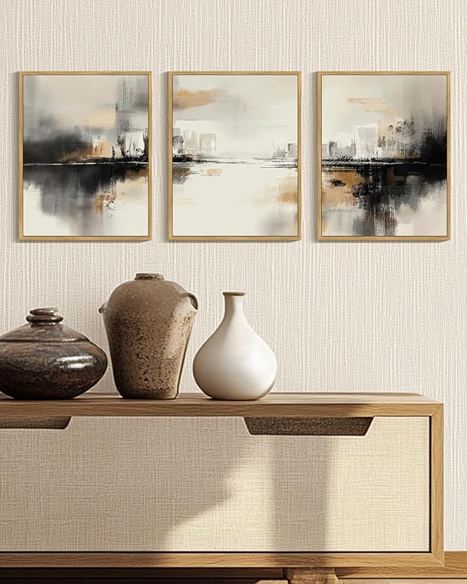 Drsoum Vintage Black Gray Abstract Wall Art Framed Brown Tan Neutral Prints Minimalist Modern Rustic Artwork Bedroom Living Room Ready to Hang 11x14in Natural Framed