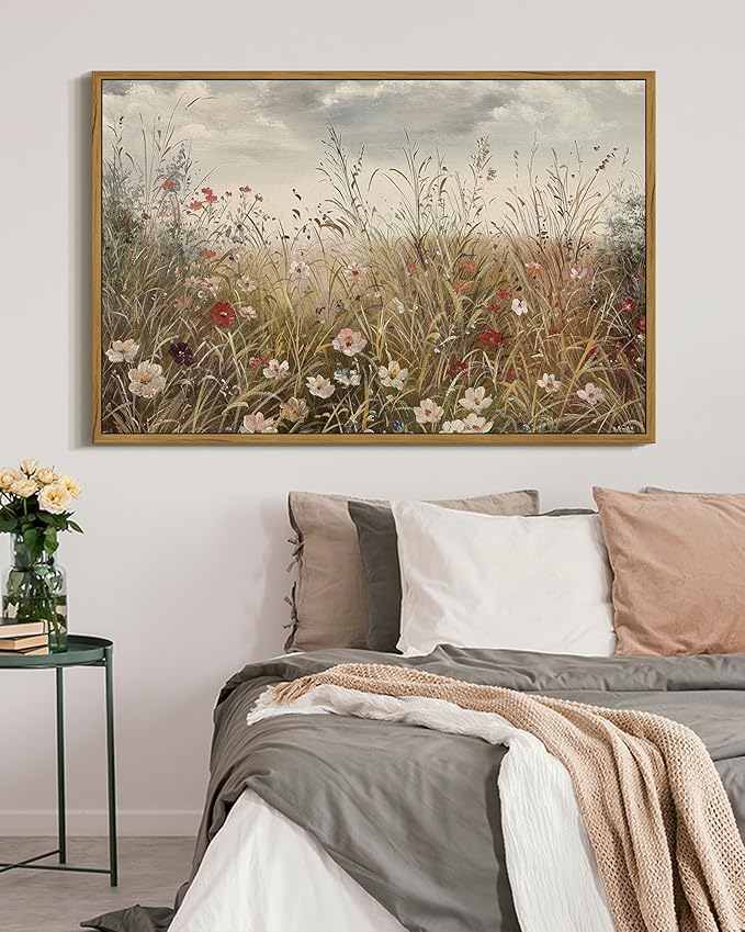 SHENIFY Vintage Landscape Framed Wall Art Meadow with Flowers Farmhouse Decor Retro Wildflower Field Scenery Painting for Hallway Living Room Bedroom Dining Room - 16x24in Natural Framed
