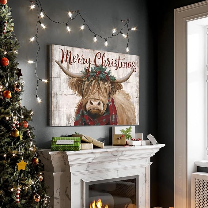 Funny Highland Cow Canvas Wall Art Merry Christmas Wall Decor Christmas Farmhouse Cow Prints Poster Rustic Farm Animal Painting Pictures Western Artwork for Living Room Kitchen Home Decorations 16x24"