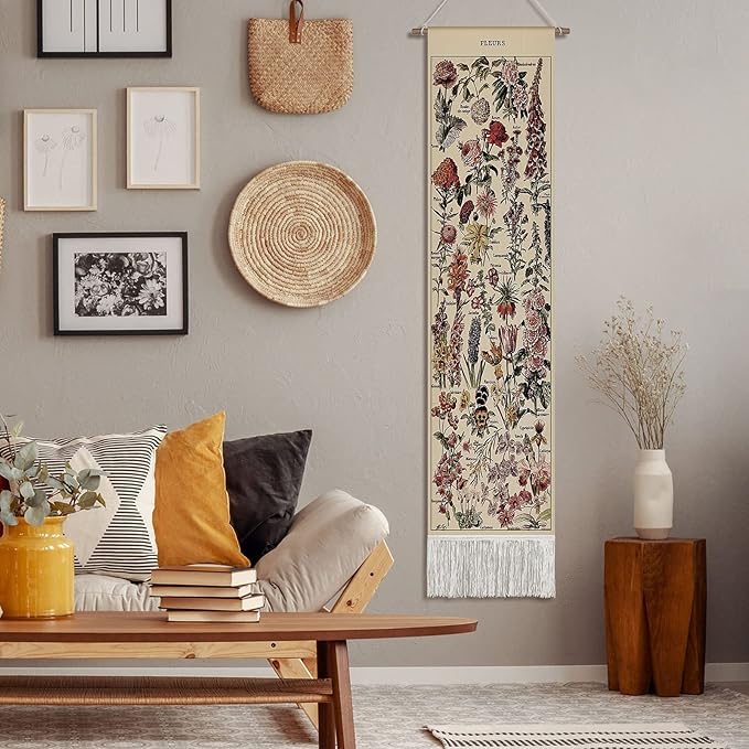 Tegeme Vintage Tapestry 52 x 13 Inch, Long Vertical Wall Hanging Reference Illustrative Botanical Tassel Tapestry for Bedroom Living Room Home Decoration(Flower)
