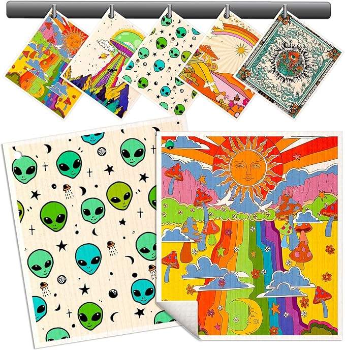 Swedish Dishcloths for Kitchen - 5 Pack Reusable Dish Cloths for Washing Dishes Absorbent Cute Funny Kitchen Towels Cleaning Sponge, Alien
