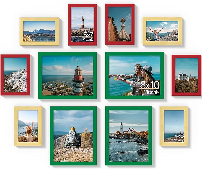 Vittanly 12 Pack Picture Frames Collage Wall Decor for Mounting or Tabletop Display, Gallery Wall Frame Set for Family, Multi Sizes Including 4pcs 8x10, 4pcs 5x7, 4pcs 4x6, Green & Red & Gold