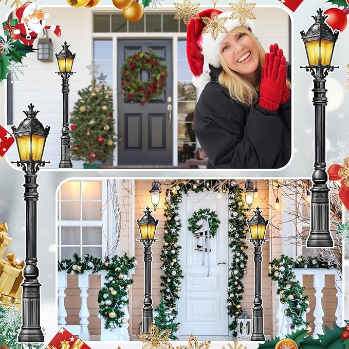 Honoson 2 Pcs 6' Tall Mardi Gras Lamp Post Cutouts Winter Vintage Life Size Lamppost Photo Props New Orleans Carnival Street Light Wall Decorations for Masquerade Party Backdrop Home Decor (Plastic)
