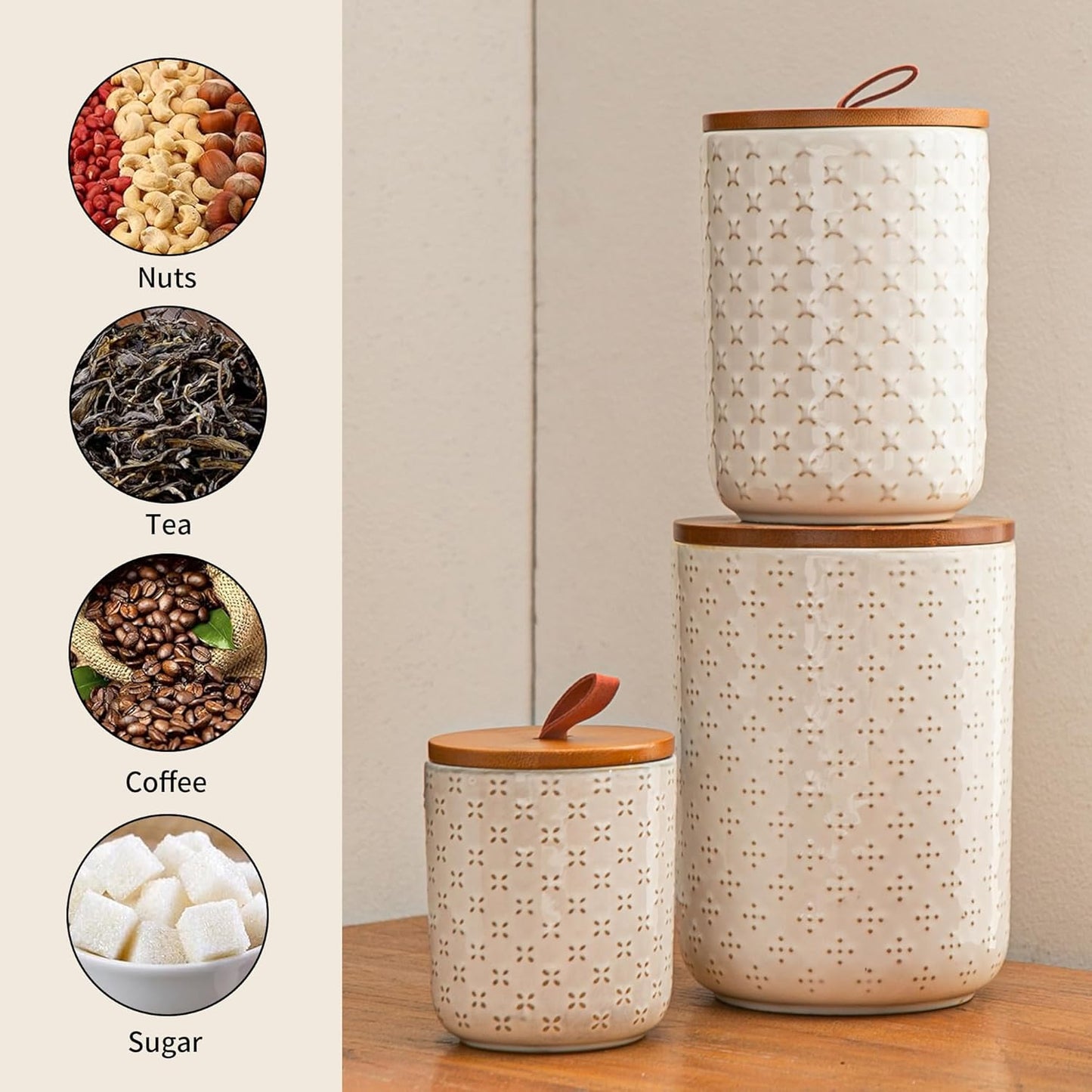 JOJUNO White Ceramic Canister Set with Wooden Lids – 3-Piece Airtight Food Storage Jars for Kitchen, Embossed Design, Small/Medium/Large Sizes (12/30/48 oz) – Flour, Sugar, Coffee, Tea Containers